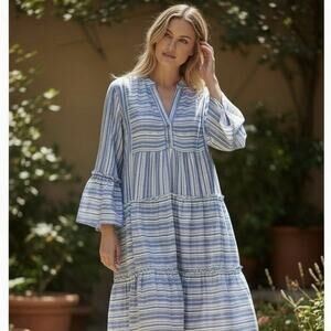 Avara Libby Dress Coastal Cowgirl Stripe Tiered Relaxed Boho Beach Resortwear XL